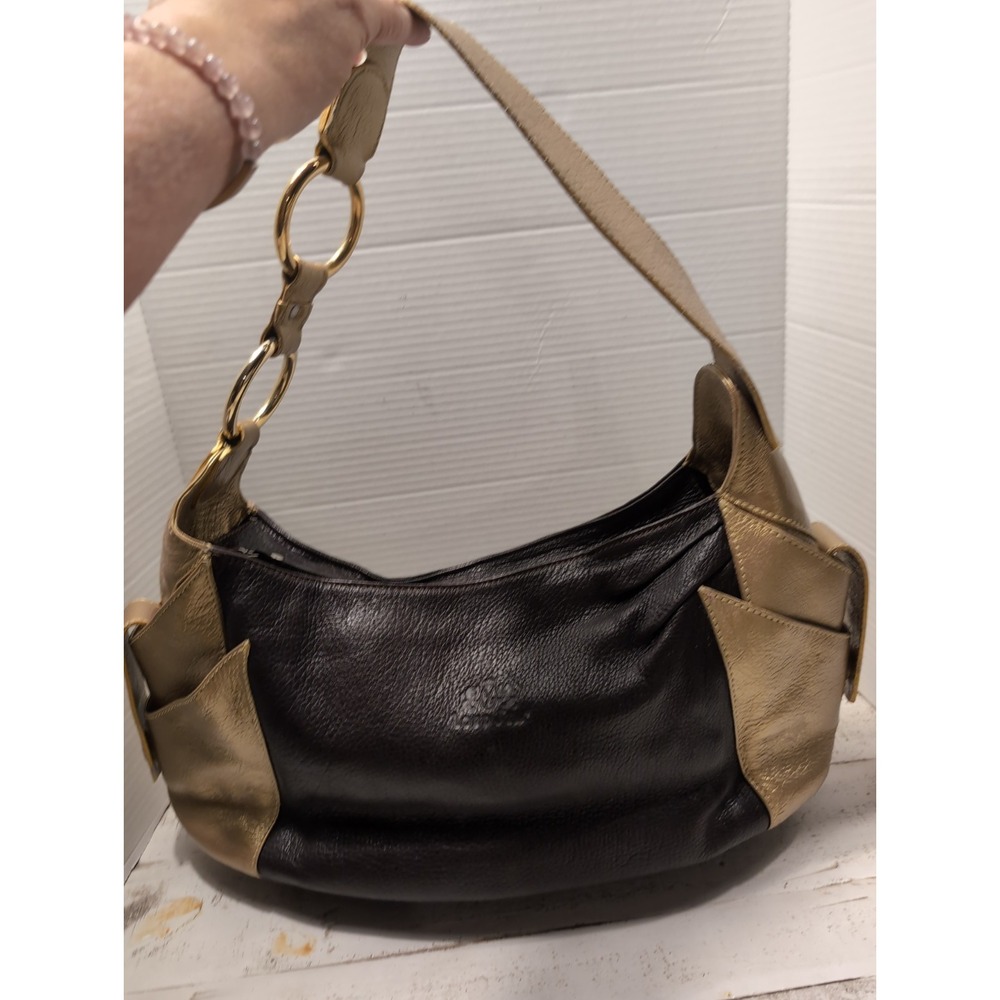 Vintage Lord Jim Brown Pebbled Leather Hobo Bag w/Gold Metallic Accent Y2K